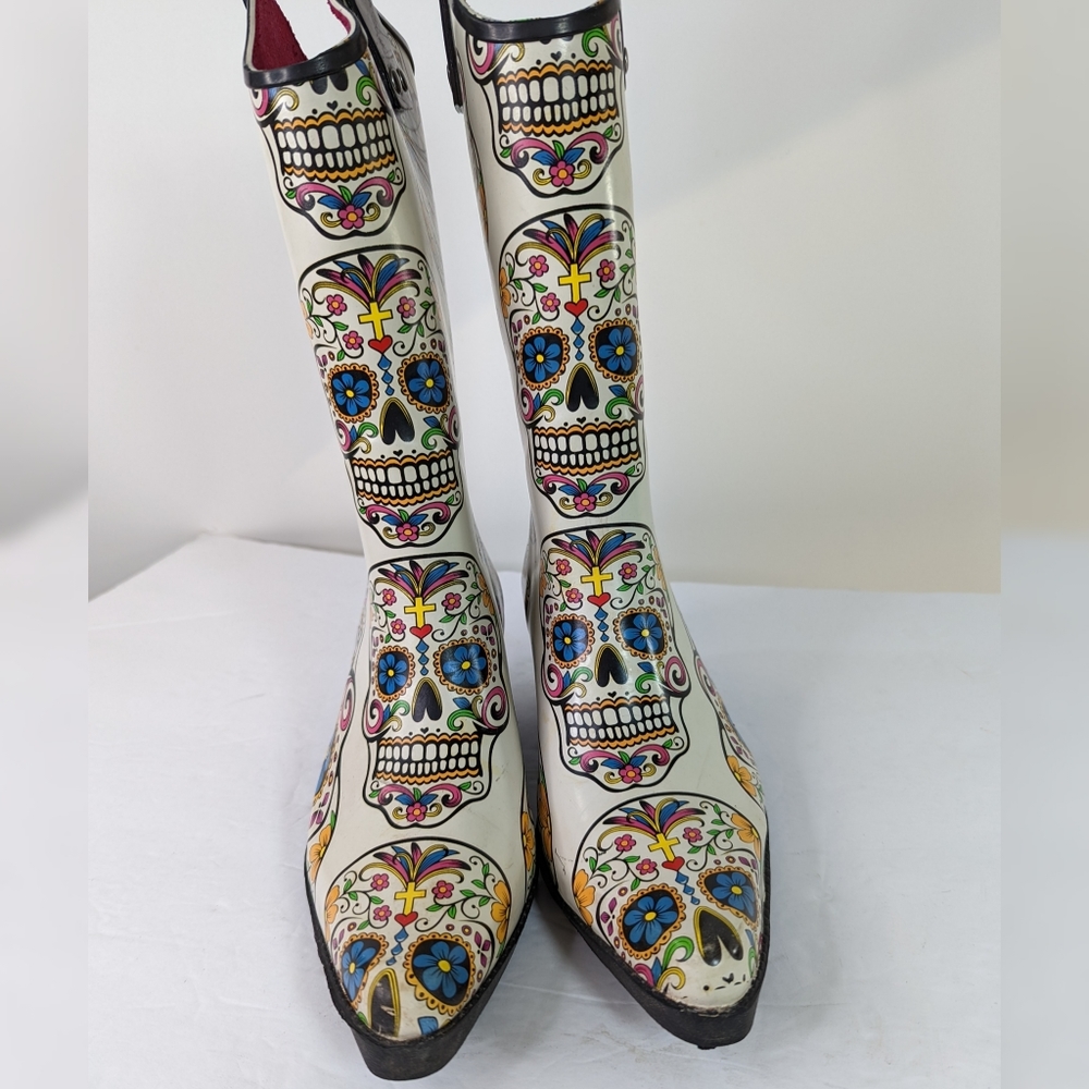 SOLD Rain Boots Sugar Skull Dia de Meurtos 6 Western Boot Style Cowgirl - Picture 9 of 15